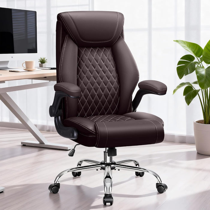Office Chair, Ergonomic High Back Home Office Desk Chair, Big and Tall Breathable Leather Office Chair with Lumbar Support Flip-Up Armrests, Computer Gaming Chair with Rocking Function