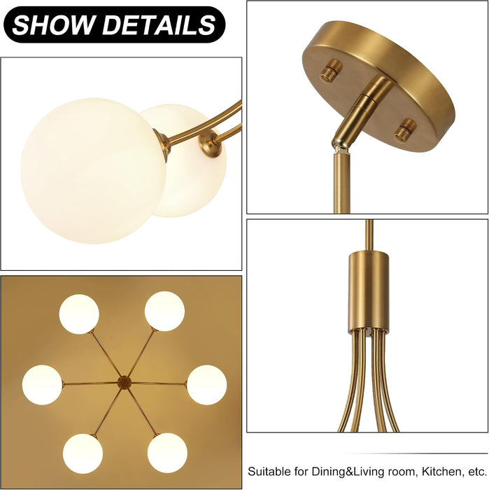 6-Light GoldGleam Sputnik Chandelier Milk White Shade