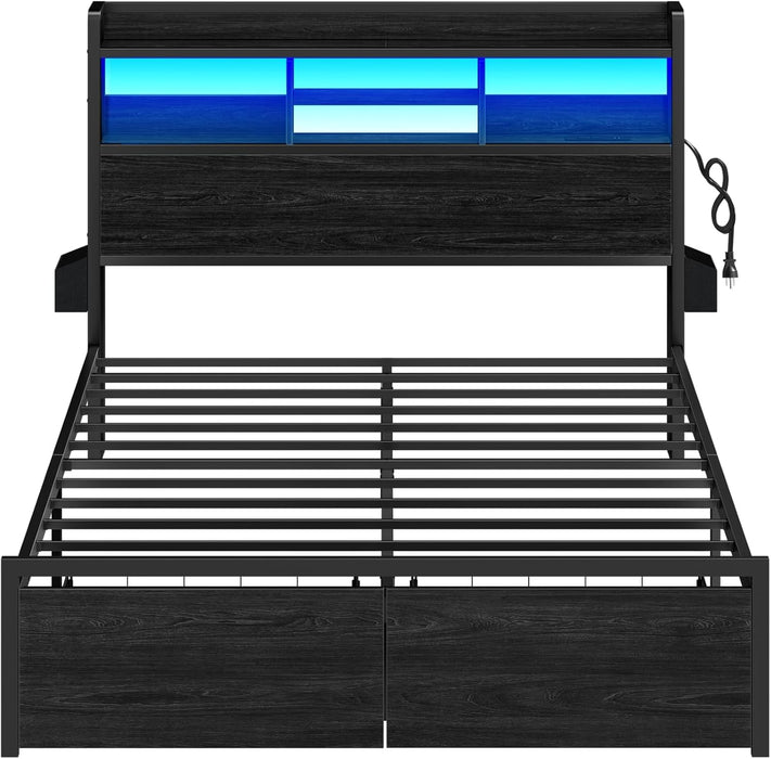 Full Size Bed Frame with Headboard and Charging Station,2 Drawers