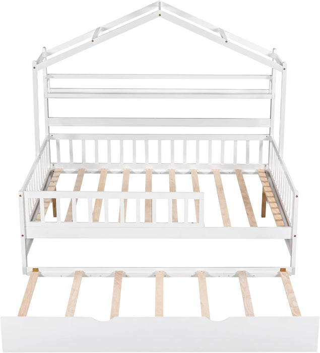 FullSize White Wooden Playhouse Trundle Bed Storage