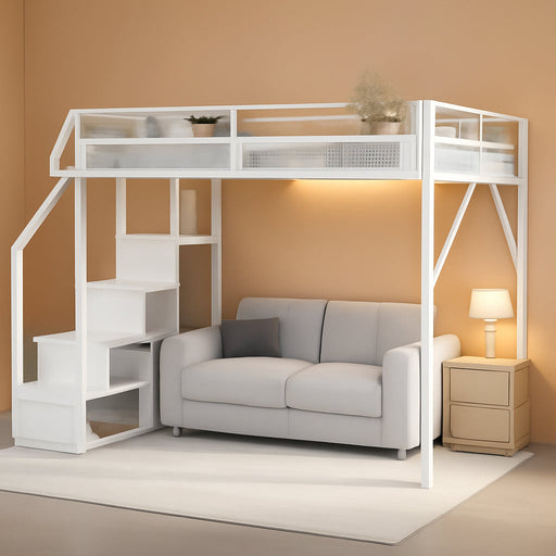 Full Size Loft Bed with Built-In Storage Stairs, Wardrobe, Metal High Loft Bed Frame with Sided Guardrail, Solid Slats, Space Saving Loft Bunk Bed Frame with Wardrobe for Kids Teens, White