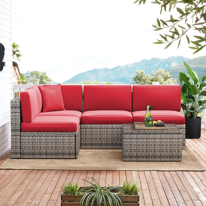 5-Piece Patio Furniture Set Wicker Rattan Conversation Set Outdoor Sectional Sofa Removable Cushions and Tempered Glass Coffee Table Suitable for Small Size (Red)