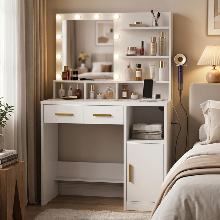 Vanity Desk with Mirror and Lights | Makeup Vanity Desk with 3 Drawers & Storage Shelves & Side Table, 3 Color Modes & Adjustable Brightness, Bedroom Furniture