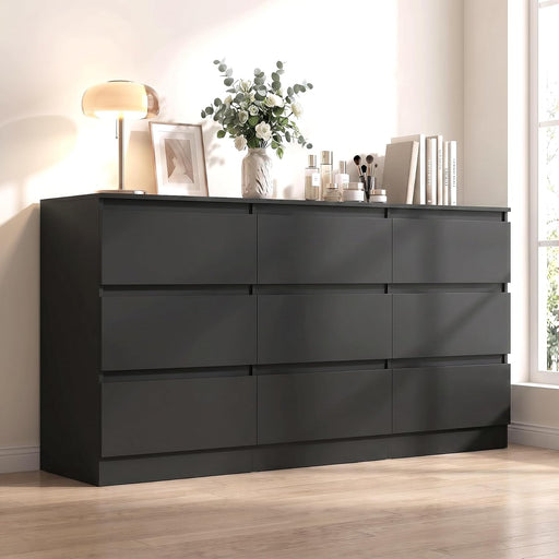 Black 9 Drawer Dresser for Bedroom, Long Dresser with Deep Drawer,Modern Wide Wood Storage Chest of Drawer, Bedroom Storage Furniture,Tv Stand for Living Room