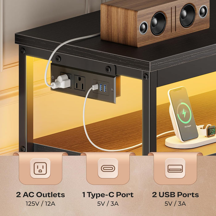 LED TV Stand for Bedroom, 47 Inch Dresser TV Stand for 43, 50, 55 Inch TV, Black TV Stand with Storage, Entertainment Center with Power Outlets, 6 Drawer Fabric Dresser for Living Room