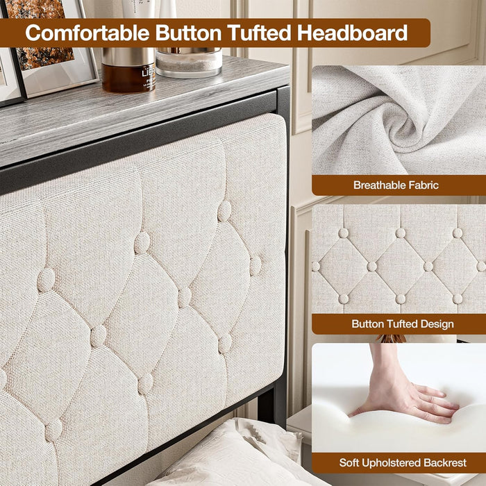 Headboard Queen Size with Storage and Charging Station, Upholstered Queen Storage Headboard Only with Bed Frame Brackets Adapter, Button Tufted Design, Easy Assembly, Beige