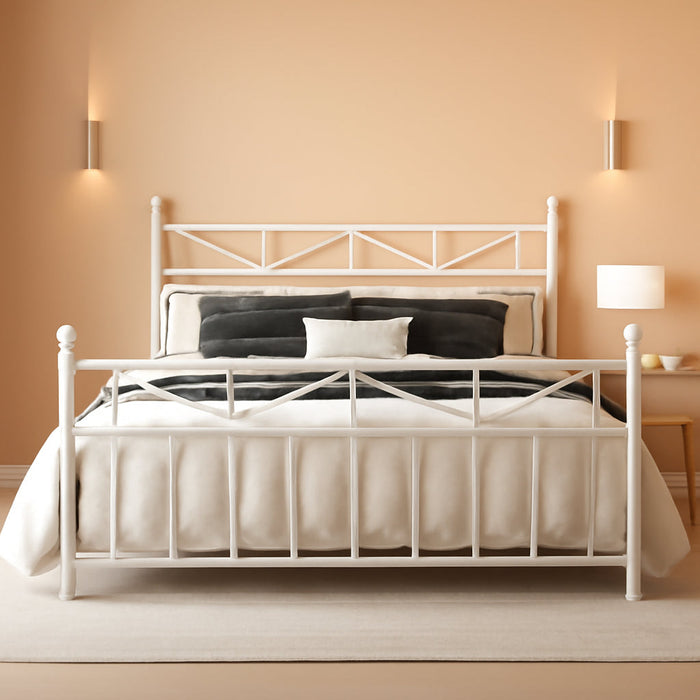 54" Metal King Bed Frame with Tall Headboard & Footboard, LED Light King Bed Frame, Strong Metal Slats Support and Noise-Free Design with under Bed Storage/No Box Spring Needed/White