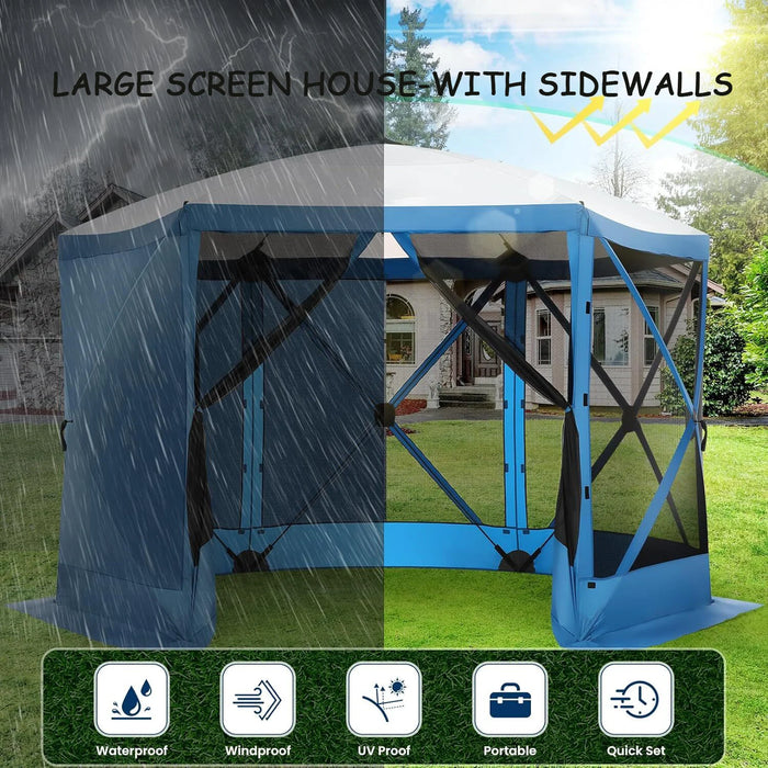 12X12 Pop up Canopy Gazebo, Outdoor Canopy Tent Screen House with 6 Sidewalls and Netting for Camping, Waterproof, UV Resistant, Ez Set-Up Party Tent with Carrying Bag and Ground Stakes,Blue