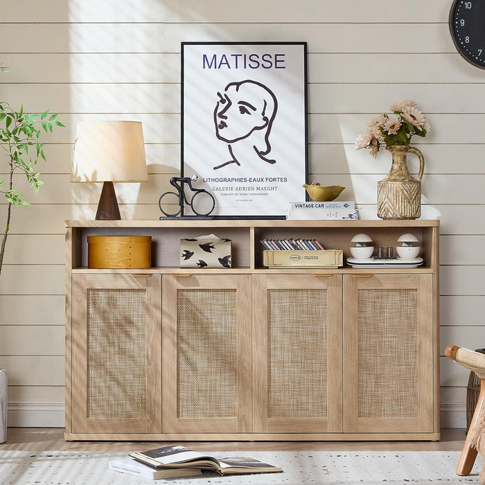 Rattan Sideboard Buffet Cabinet,55" Coffee Bar Cabinet with 4 Doors & Open Storage Shelf,Modern Credenza Console Table for Living Room Rattan Farmhouse Entryway Natural