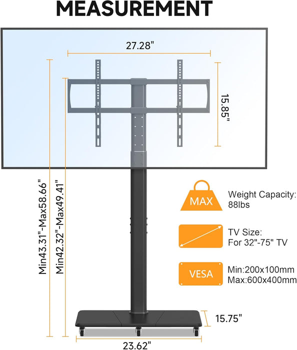 Tall Floor TV Stand for 32-75" TV Portable Rolling TV Cart with Wheels Height Adjustable with Wood Base, Holds up to 88 Lbs, Max VESA 600X400Mm TS005HB