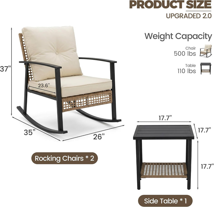 3-Piece Patio Rocking Chairs Set of 2, Rocking Chair Bistro Set [Upgraded 2.0] & 2-Tier Coffee Table, Wicker Rocking Chair Outdoor Patio Furniture Set for Backyard, Porch, Balcony (Beige)
