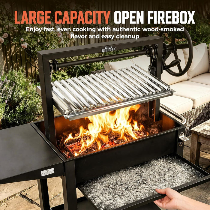 Santa Maria Grill, Argentine Parrilla Grill with Adjustable Height Grate, Wood Fire & Charcoal BBQ Grill, Large Outdoor Open Fire Grill with Storage for Patio & Backyard