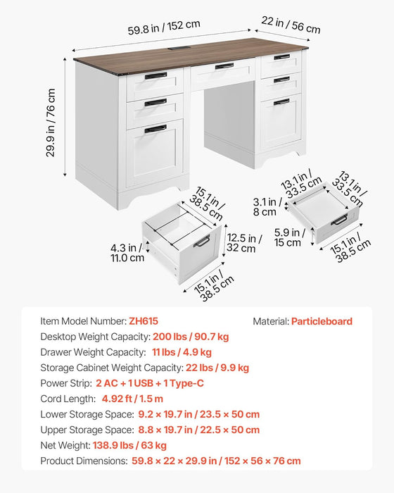 60" Executive Desk with Drawers, Farmhouse Home Office Desk with Charge Station, Keyboard Tray, File Storage Cabinet, 200 LBS Load Capacity Wood Table, Easy Assembly, for Work Study, Walnut
