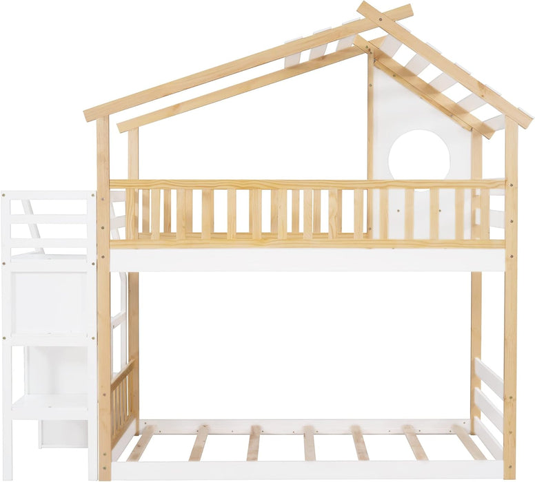 Twin over Twin House Bunk Bed with Storage Stairs, Wood Playhouse Bunk Bed Frame with Stairway and Guardrail for Kids Girls Boys, Natural+White