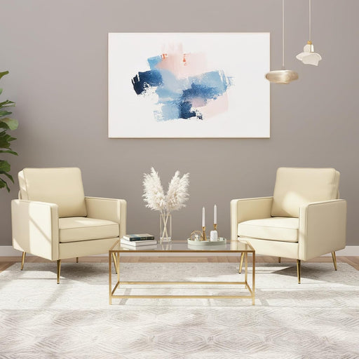 Modern PU Leather Accent Chairs Set of 2, Single Sofa Chair with Pocket Coil Seat, Metal Backrest & Solid Wood Frame, Upholstered Armchair for Living Room, Bedroom or Office