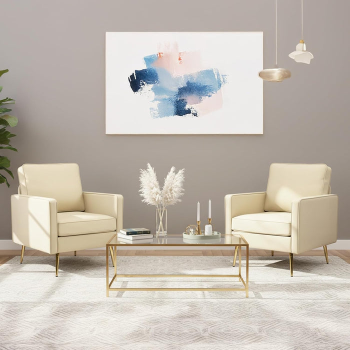 Modern PU Leather Accent Chairs Set of 2, Single Sofa Chair with Pocket Coil Seat, Metal Backrest & Solid Wood Frame, Upholstered Armchair for Living Room, Bedroom or Office