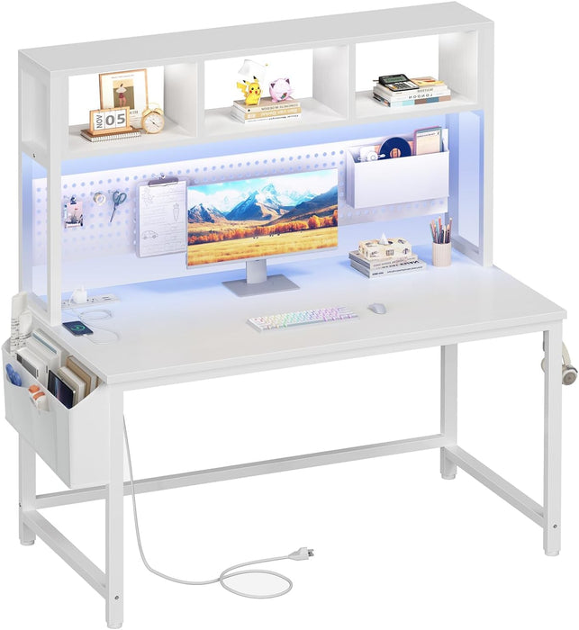 White Gaming Desk with Hutch and Pegboard - Computer Desk with Hutch, Power Outlet, 47 Inch Art Desk with Storage, Hooks, RGB and Side Bag, Writing Modern Study Teen Desks for Girl Bedroom Home Office