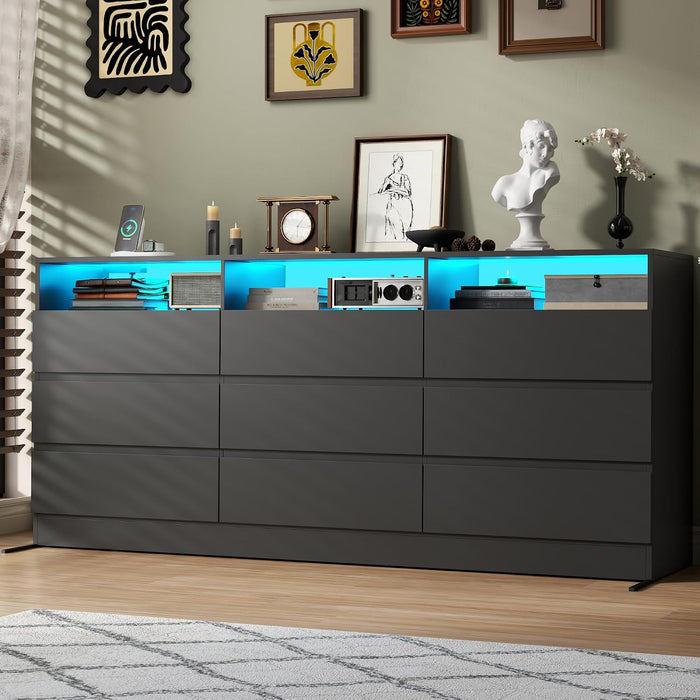 Drawer Dresser for Bedroom with Power Outlet, Black Dressers with LED Light,Dresser Chest of Drawers for Closet,Wood Dressers Organizer Cabinet (Black 9 Drawers)