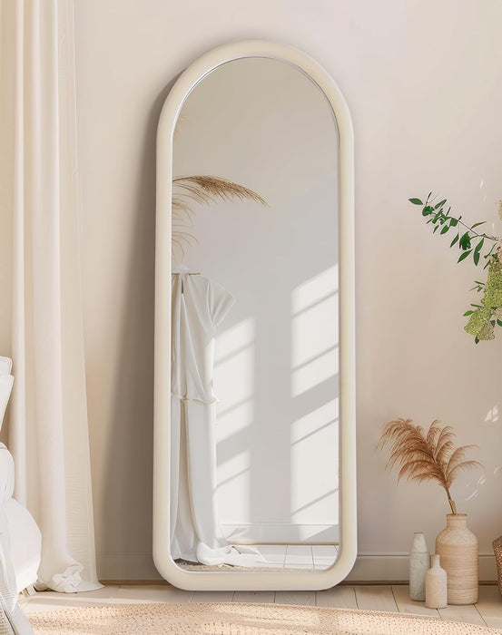 Arched Full Length Mirror, Free Standing Floor Velvet Finish Frame Mirror for Leaning or Hanging, Soft Touch Bedroom & Living Room Decor, Cream White