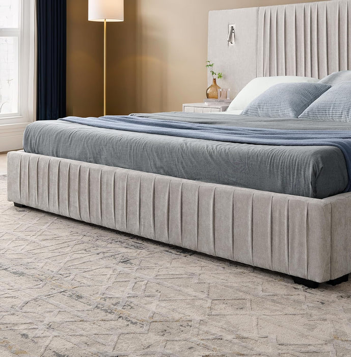 Queen Size Bed Frame with Built-In LED Lights and Nightstands, Chenille Upholstered Queen Platform Bed with Oversize Headboard,Pleated Design Grounded Bed,No Box Spring Needed,Beige