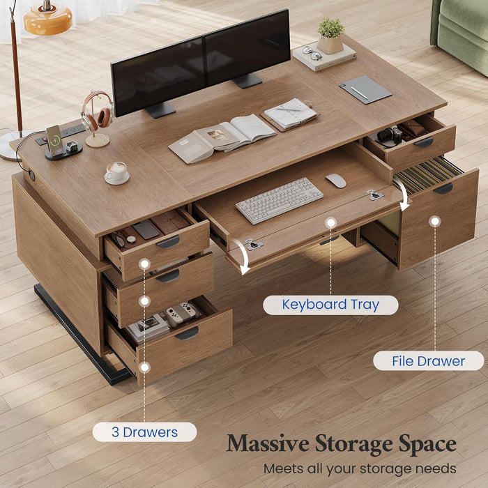 63" Executive Desk with Charging Station, Large Home Office Desks with 6 Drawers and 2 Storage Cabinets, File Drawer, Keyboard Tray, Privacy Panel, Desk Grommet, U-Shaped Metal Legs for Work and Study