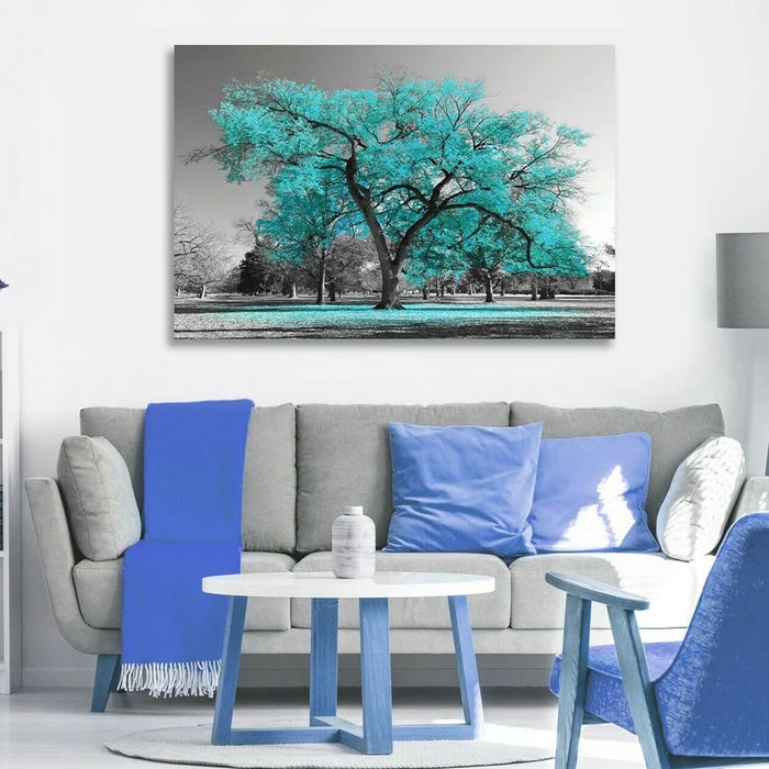 Large Tree Teal Leaves Black White Canvas Painting Wall Art Picture Print Home Decor for Livingroom Bedroom,Unframed