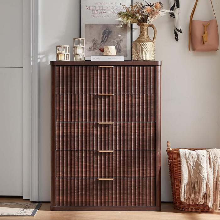 Fluted 5 Drawers Dresser for Bedroom, 41" Tall Modern Chest of Drawers with Metal Handle, Curved Profile Farmhouse Closet Organizer Wood Dressers TV Stand for Living Room, Hallway, Walnut
