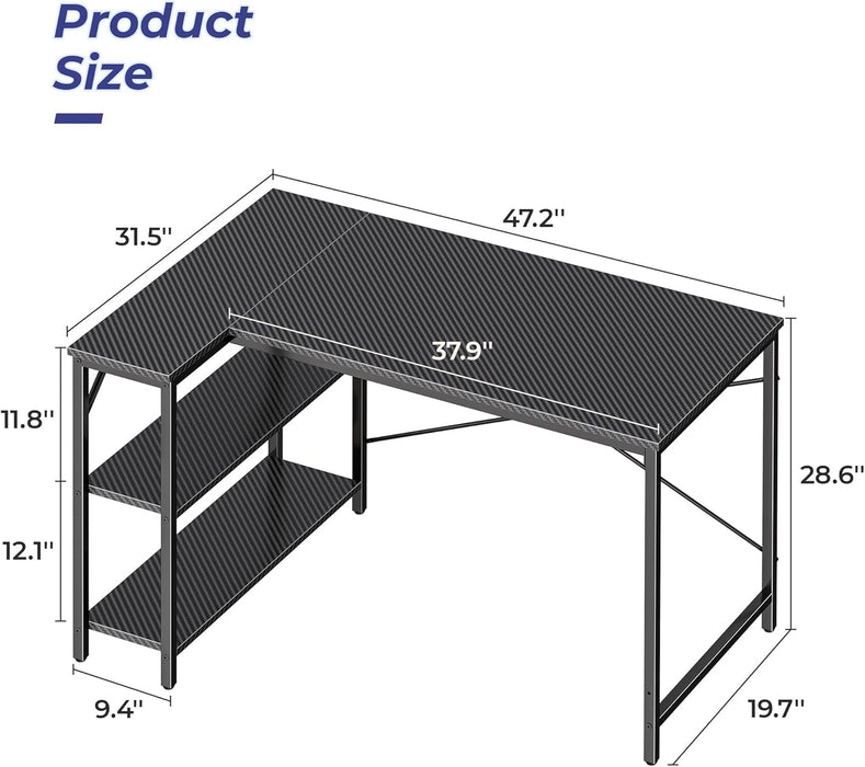 L Shaped Desk, 47 Inches Computer Desk with Reversible Storage Shelves, Gaming Desk, Corner Desk Home Office Desks, Writing Desk Study Desk with Metal Frame, Carbon Fiber Black
