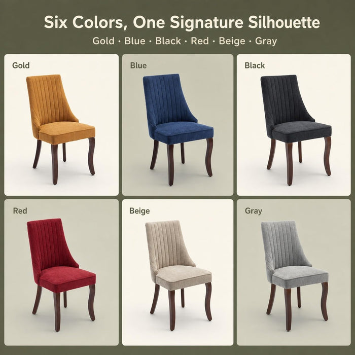 Upholstered Dining Chairs Set of 6, Gold Fabric, Curved Brown Wood Legs