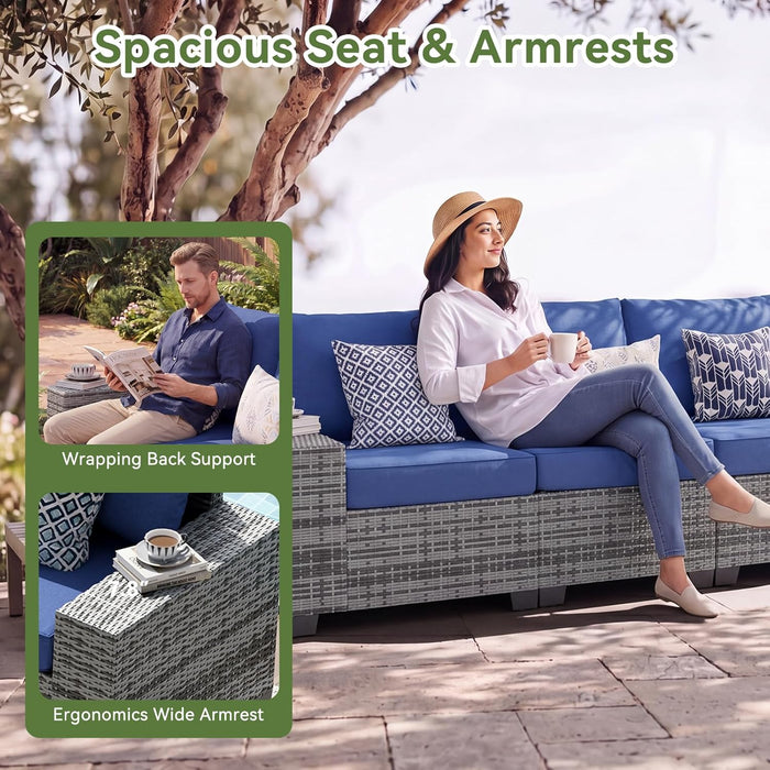 6 PCS Patio Furniture Set, Outdoor Sectional All-Weather Wicker Conversation Set with Swivel Rocker Chairs, 4'' Thick Cushions for Backyard Poolside(Navy/Grey)