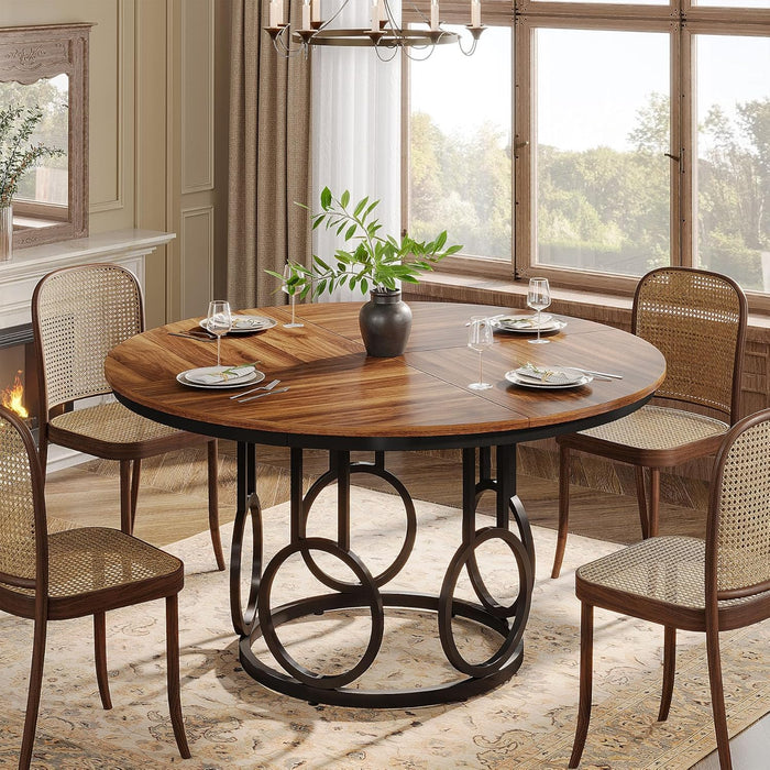 47-Inch round Dining Table, Wood Kitchen Table with Sturdy Metal Base for 4-6 People, Large Circle Dinner Table for Dining Room, Kitchen, Living Room (Brown & Black, Only Desk)