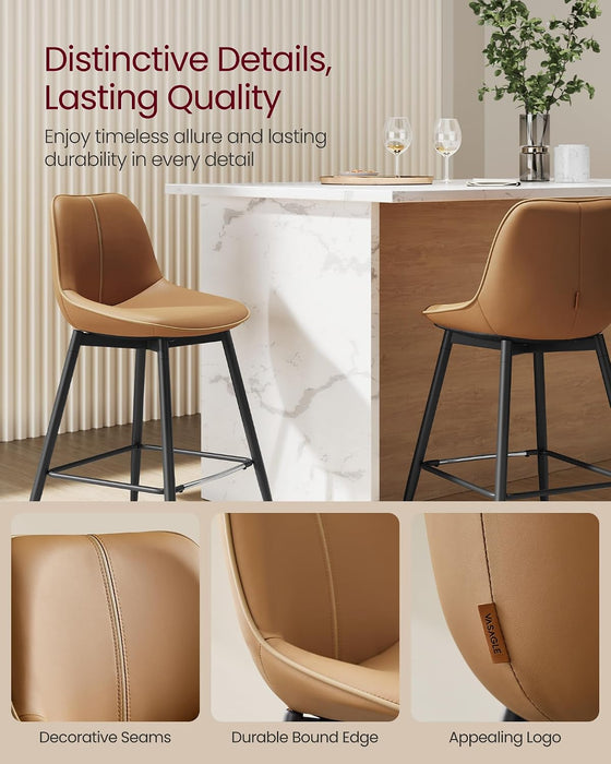 VASAGLE Bar Stools Set of 2, Counter Height Bar Stools with Back, Ergonomic Backrest, Synthetic Leather, Metal Legs, 24.8-Inch Tall Barstools for Kitchen Island Home Bar, Easy Assembly, Caramel Brown