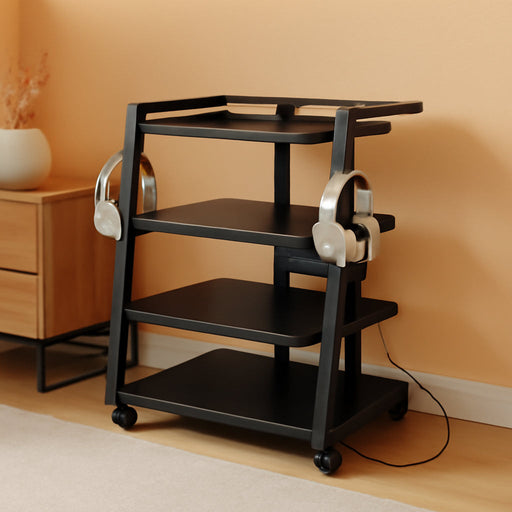 Mobile AV Media Stand with Outlets and 4 Rolling Caster Wheels, 4-Tier Rolling TV Stand for Gaming Console, Stereo, DVD Player, Sturdy Metal Frame, Versatile Living Room,Bedroom (Black)