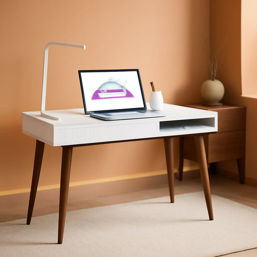 White Writing Desk with Drawers Mid Century Modern Desk, Wood Office Desk Computer Desk Vanity Desk for Small Space, White Desk with Walnut Legs