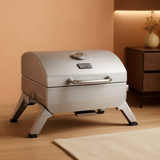 GT1001 Stainless Steel Portable Grill, 10000 BTU BBQ Tabletop Gas Grill with Folding Legs and Lockable Lid, Outdoor Camping, Deck and Tailgating, Silver