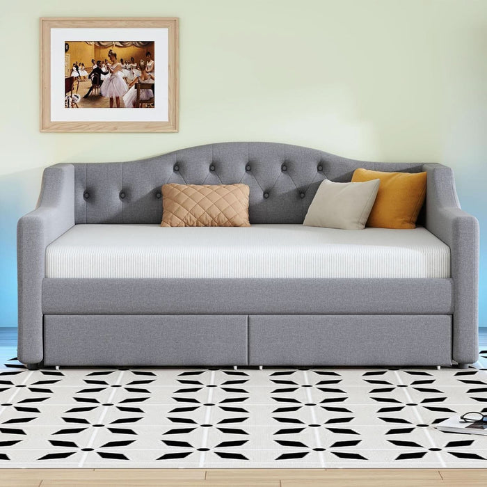 Twin XL Size Modern Upholstered Platform Bed with 2 Drawers, Linen Sofa Daybed with Wood Slat Support, Storage Bed Frame, Space Saving/Gray