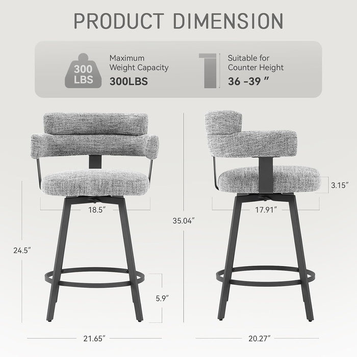 Counter Height Bar Stools with Full Back – Swivel Counter Stools Set of 2 with Linen Padded Back, Metal Footrest, Modern Barstools for Kitchen Counter, Island, Dining Room, Grey 24 Inch