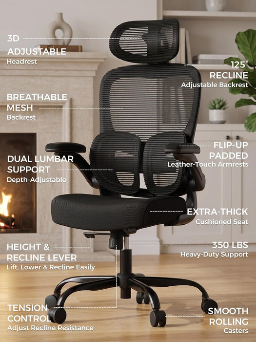 Ergonomic Office Desk Chair, Adjustable Dual Lumbar Support & Thick Seat