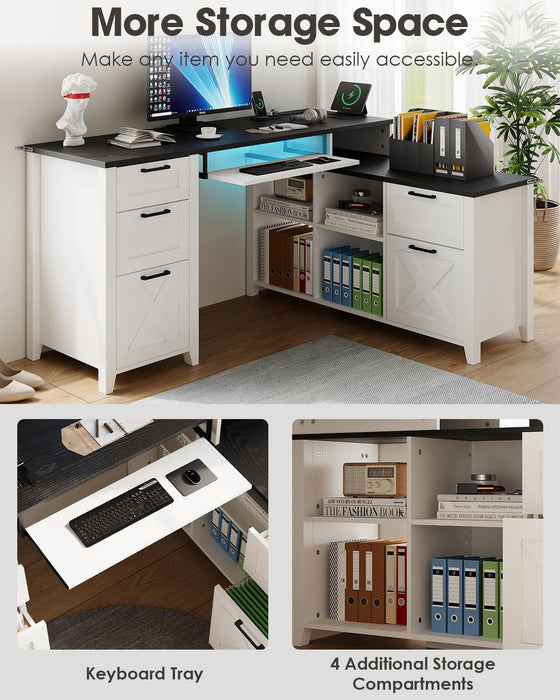 Farmhouse L Shaped Executive Desk with Drawers, 59''Home Office Corner Desks with Charging Station,File Cabinets,Storage Compartments Wood Computer Desk Writing Table W/Keyboard Tray,White