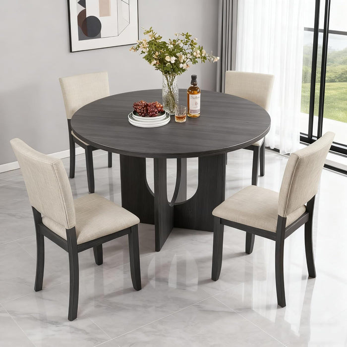 47.3" round Dining Set with 4 Upholstered Dining Chairs, Modern Dining Table Set for 4, 5-Piece round Dining Table Set for Living Room, Kitchen, Antique Black & Beige