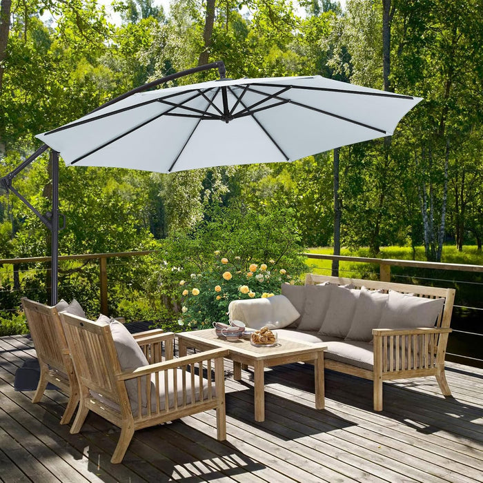 10FT Cantilever Patio Umbrella with Base Included, 360° Rotation Outdoor Offset Umbrella Bonus Fix Frame & Weights Bag for Backyard, Deck, Poolside (Gray)