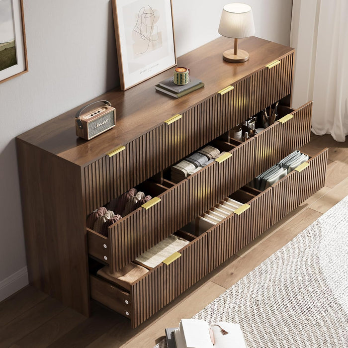 63" Wide Fluted 10-Drawer Dresser for Bedroom, Walnut