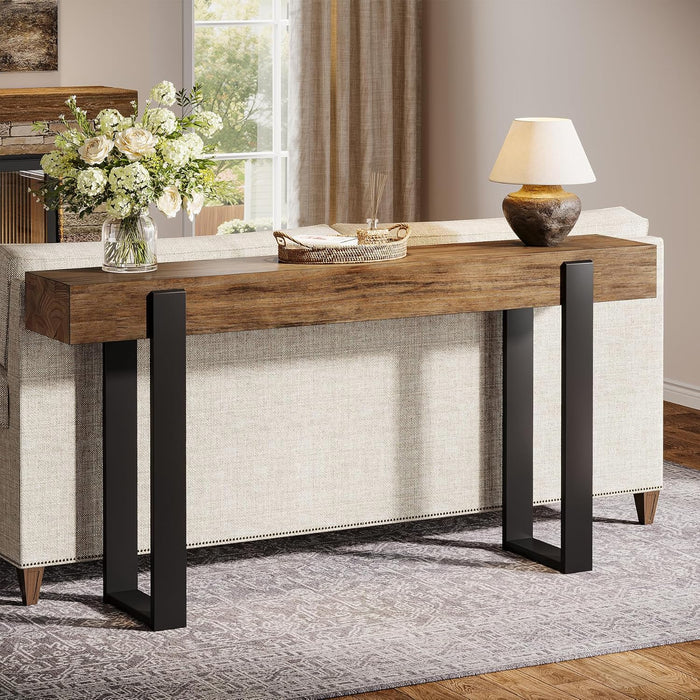 63-Inch Long Console Table, Solid Wood Sofa Table behind the Couch with Metal Support, Farmhouse Entryway Furniture for Entrance, Hallway, Living Room, Rustic Brown & Black