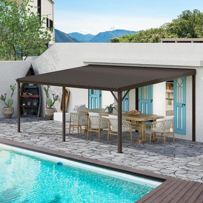 12X20Ft Lean to Gazebo, Outdoor Hardtop Wall Mounted Gazebo with Gutter & Sloping Galvanized Steel Roof, Metal Hard Top Awnings for Deck, Porch, Backyard -Brown