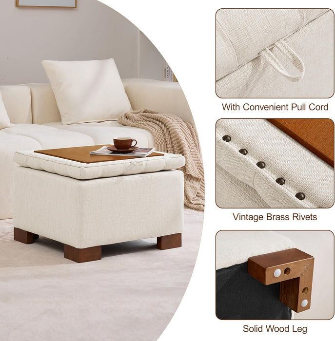 24" Fabric Square Storage Ottoman with Wooden Tray, Modern Tufted Button Footstool Coffee Table, Upholstered Small Ottoman for Living Room, Bedroom, Beige