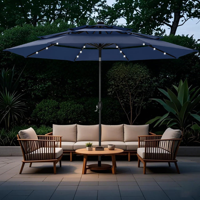 10Ft Patio Umbrella with Solar Lights, Auto-Tilt Lighted Market Table Umbrellas with Crank, 8 Sturdy Ribs & 1.5" Pole Outdoor Umbrellas for Patio Garden Deck Backyard Pool, Navy Blue