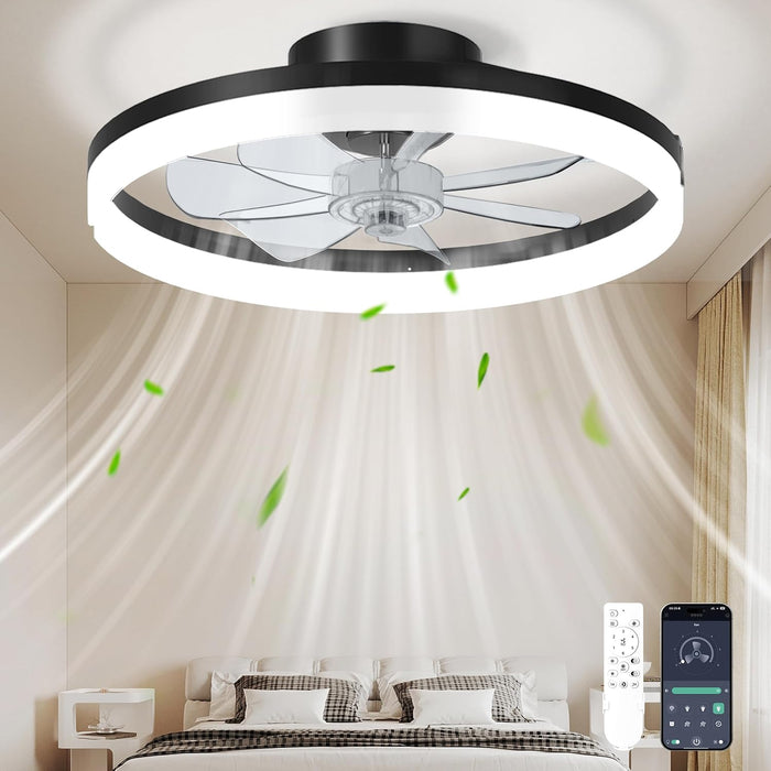 Ceiling Fan with Light, 20" Modern Low Profile Foldable Ceiling Fans with 6 Wind Speeds, Dimmable Smart Ceiling Fan Light with Remote for Bedroom, Kids Room and Living Room (Black)