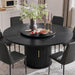 55" Fluted round Dining Table for 4-6, Mid-Century Modern Kitchen Table with Rotating Tray, 2-Tier Storage Shelf, Wood Sliding Doors and Pedestal Base, Black