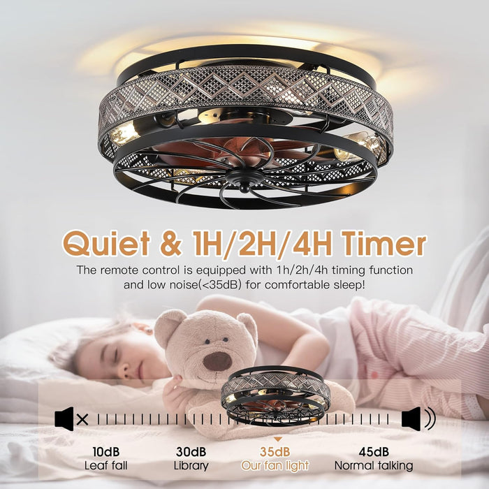 18" Low Profile Caged Ceiling Fans with Lights and Remote, Flush Mount Ceiling Fan with Light, Bedroom Fan, Small Industrial Black Ceiling Light Fixture, Reversible(Bulbs Not Included)