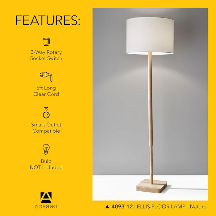 Floor Lamp with Natural Rubberwood Base and White Linen Lampshade – 3-Way Adjustable Brightness, Lamp for Bedroom, Living Room, and House Décor, 58.5” X 16”